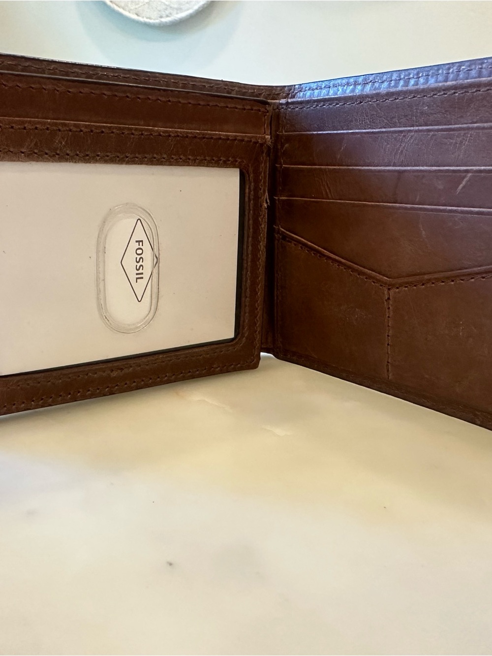Fossil Brown Leather Men's Trifold Wallet with ID Window